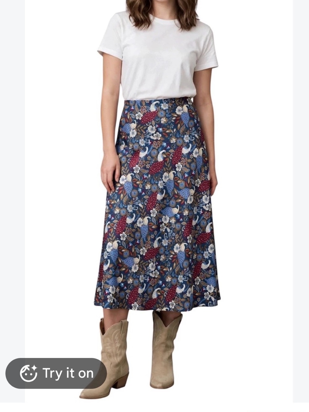 Loft Floral Paisley bird print Midi Skirt in Navy and Burgundy XXL